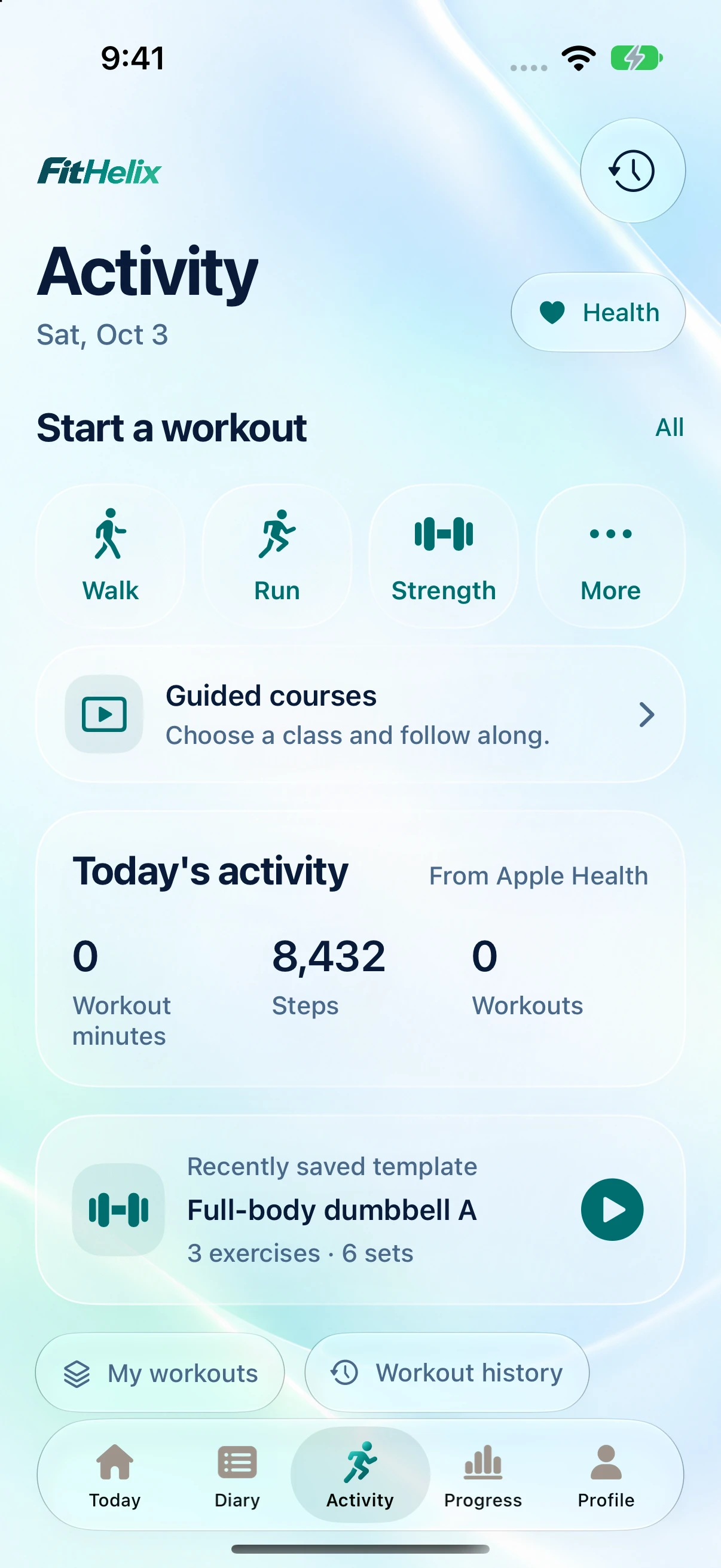 FitHelix Activity showing workout options and example daily activity