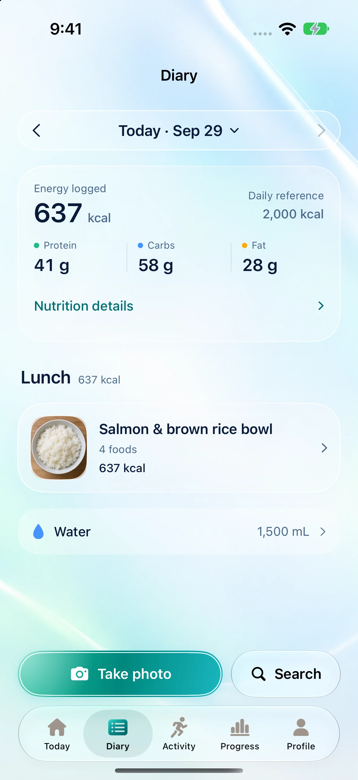 FitHelix Diary showing an example meal in the current iOS app