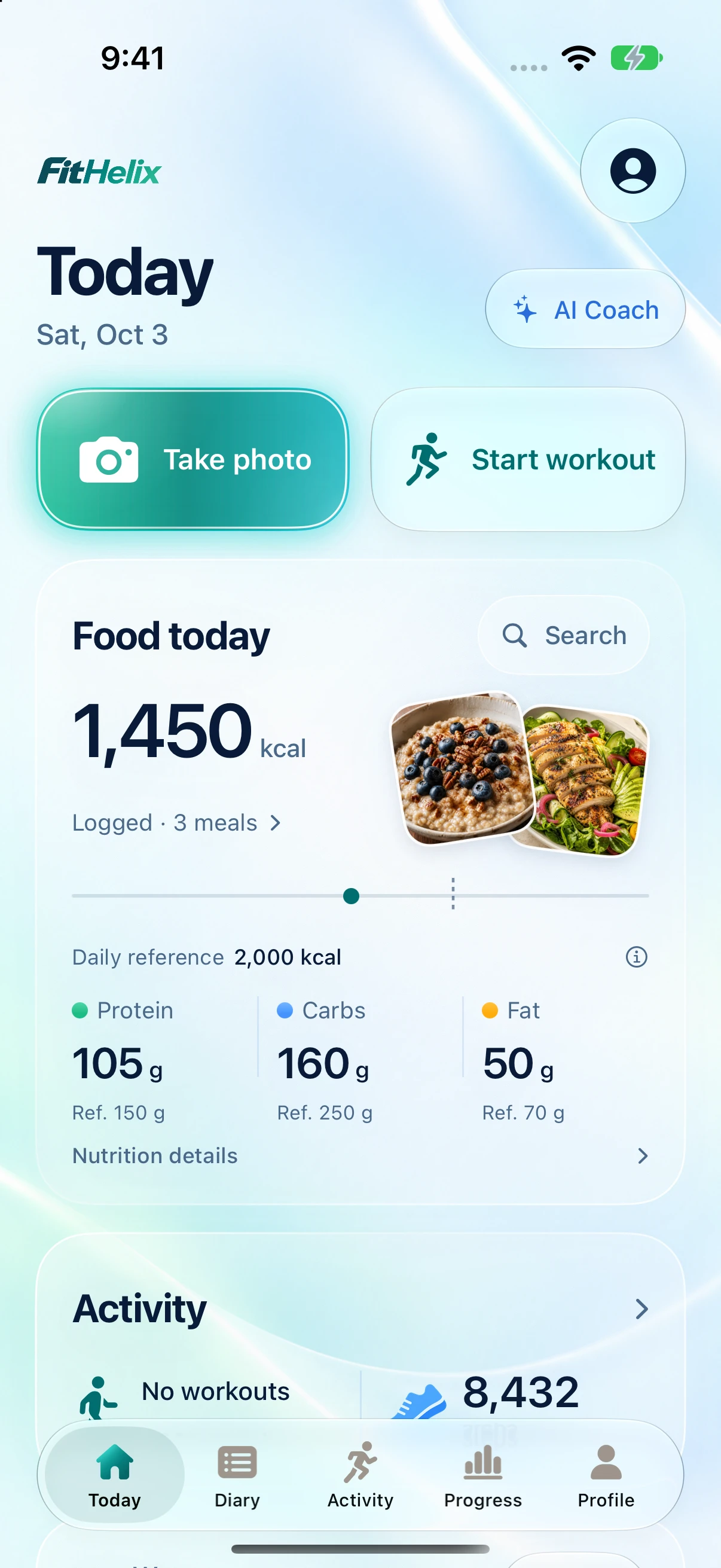 FitHelix Today showing food, activity, and nutrition references with example data