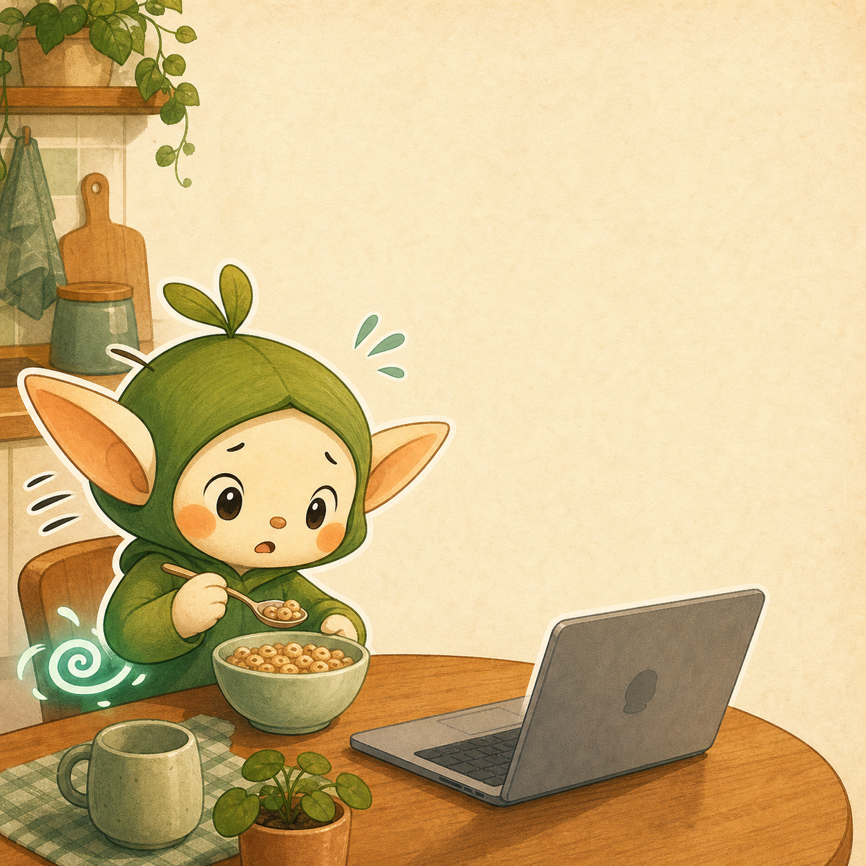 Nour at a kitchen table with cereal and a blank laptop, looking unsure before the morning starts.