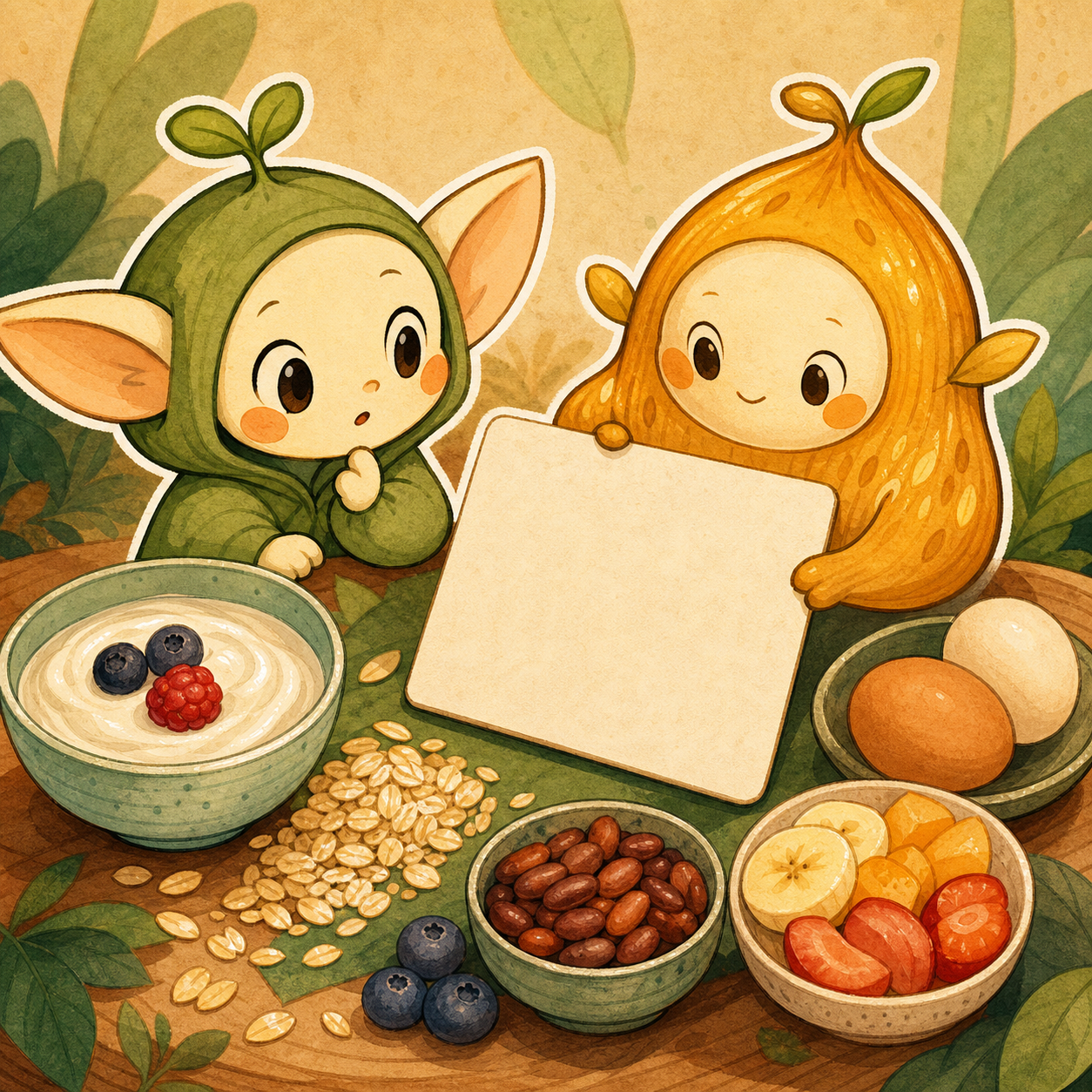 Nour and abstract seed-lantern Nuru look at familiar breakfast foods and a blank idea card.