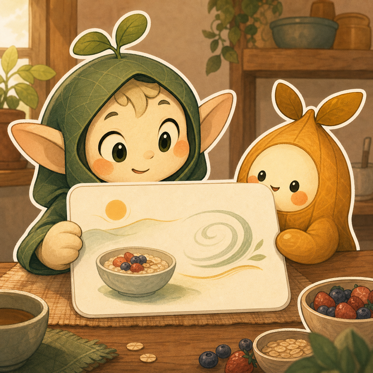 Nour and Nuru look at a blank evidence card with abstract breakfast and fullness shapes.