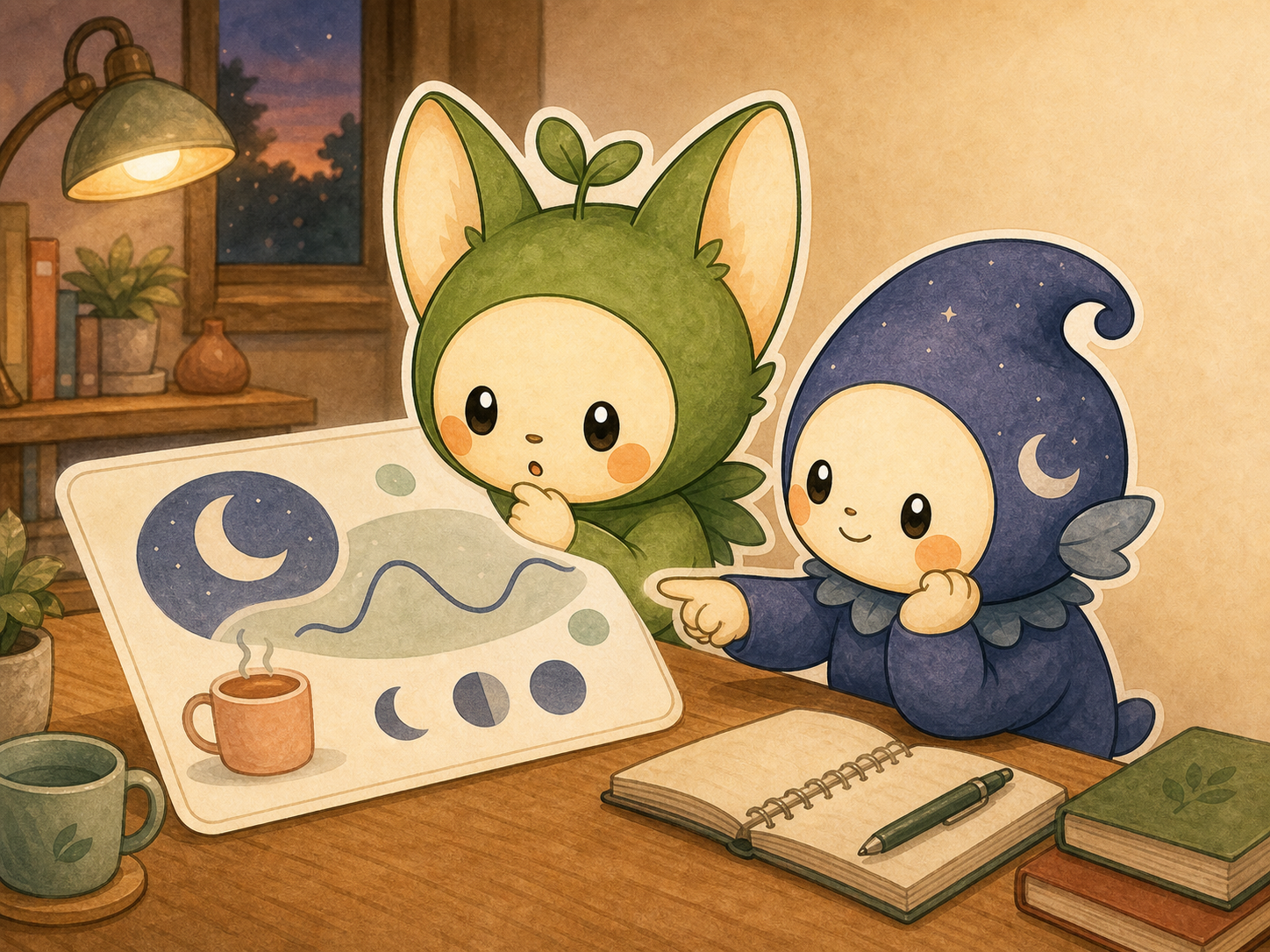 Nour and Luma look at an abstract moon and mug evidence card with no readable text.
