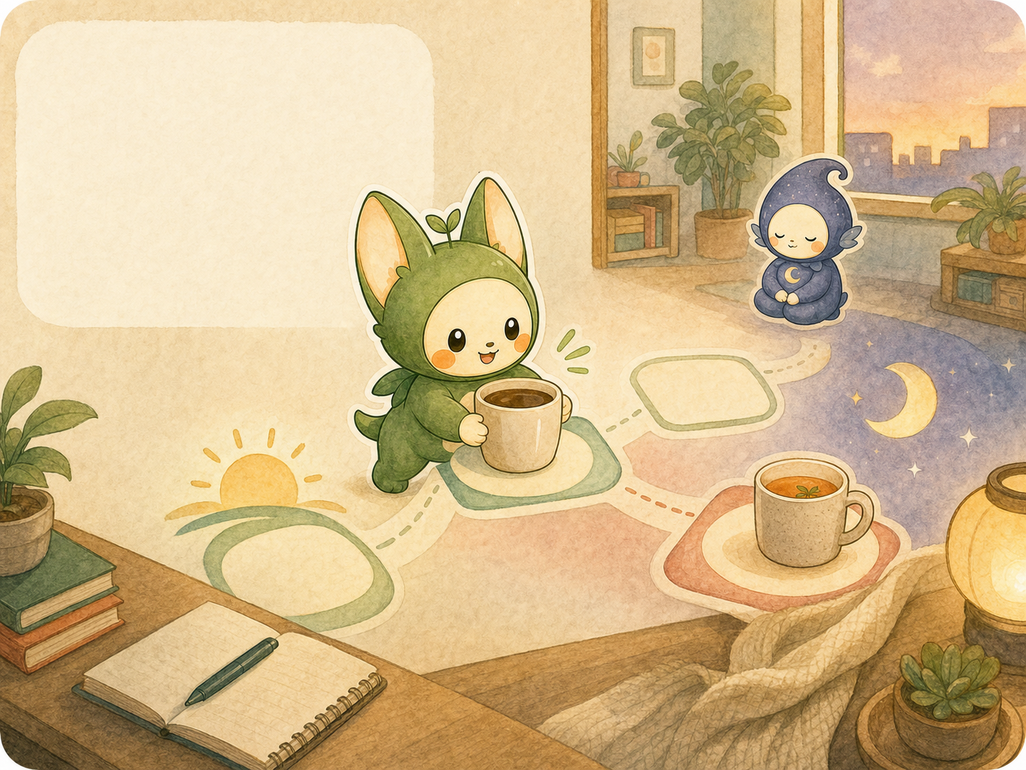 Nour moves a mug earlier in a warm room and keeps a cozy evening drink nearby without labels.