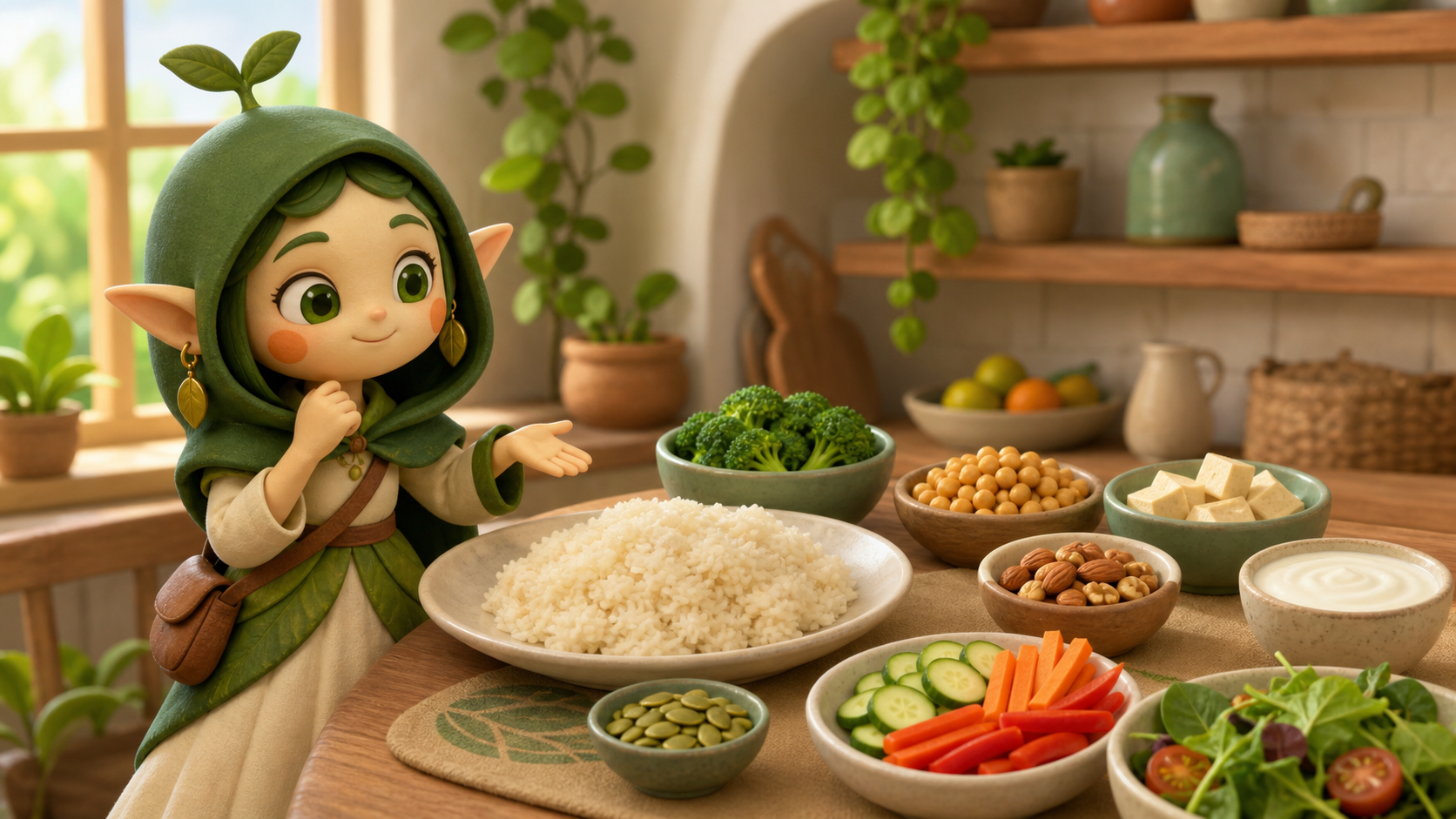 Nour stands at a warm kitchen table with a familiar staple and several optional partner foods, all unlabeled.