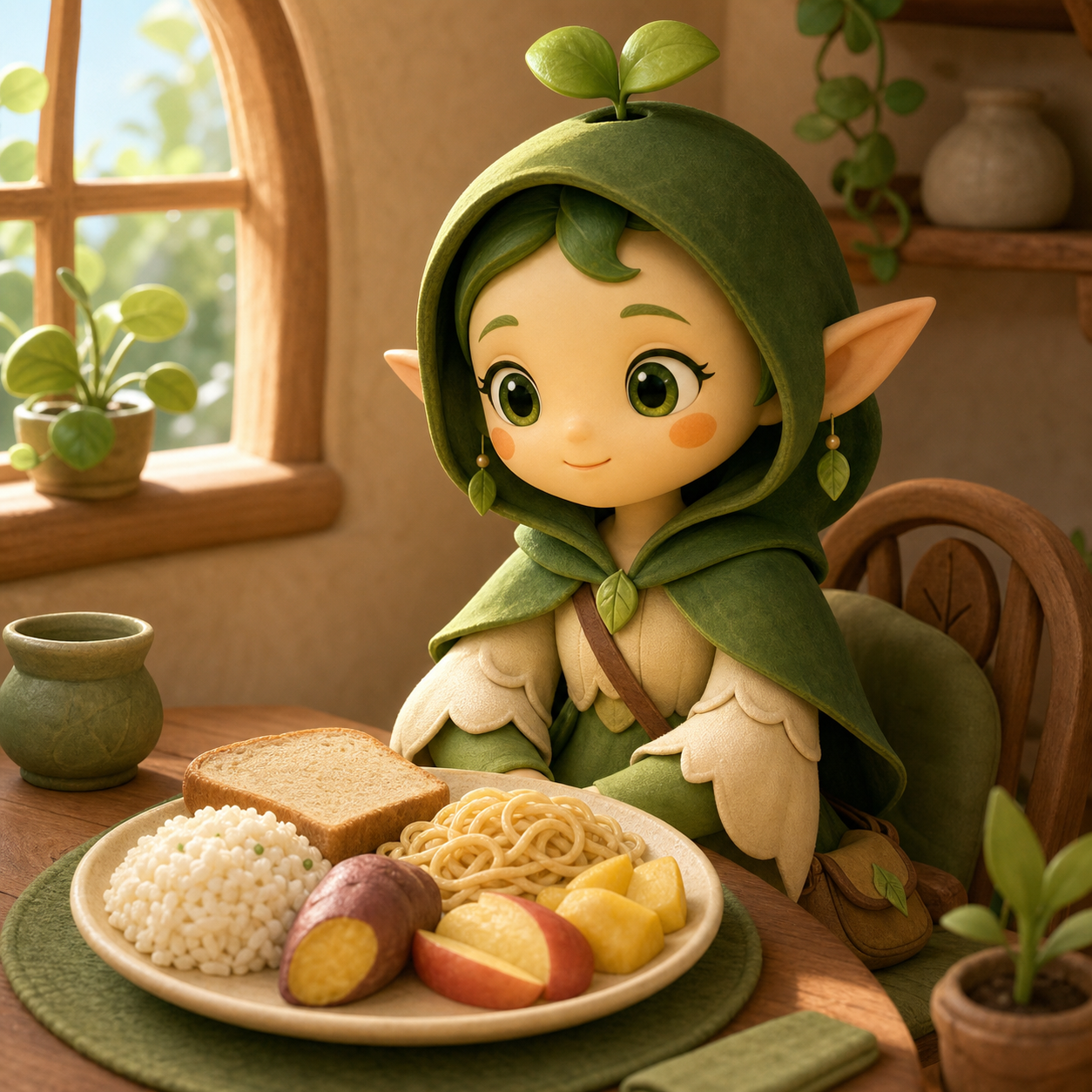 Nour sits beside an unlabeled plate with simple rice, bread, noodle, potato and fruit shapes, with no text.