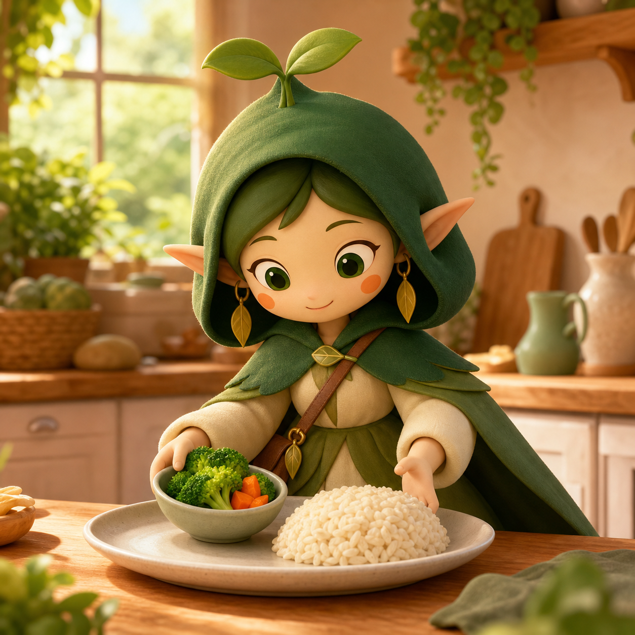 Nour places an unlabeled vegetable side beside a rice-like staple, with no labels or numbers.