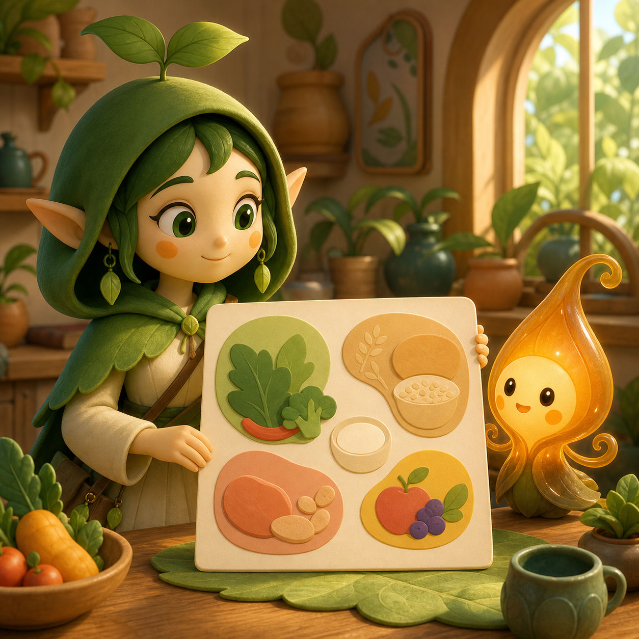 Nour and Ember look at a blank card with abstract food-group shapes, with no readable text.