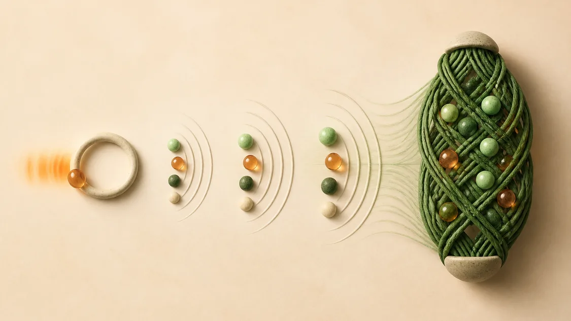 An amber bead passes through a pale ring, then repeated waves and beads build into a dense woven green form, representing adaptation over time.