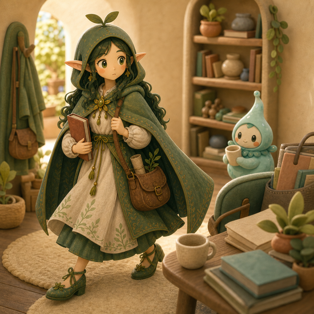 Nour moves through a busy room while a plain cup sits nearby but unnoticed.
