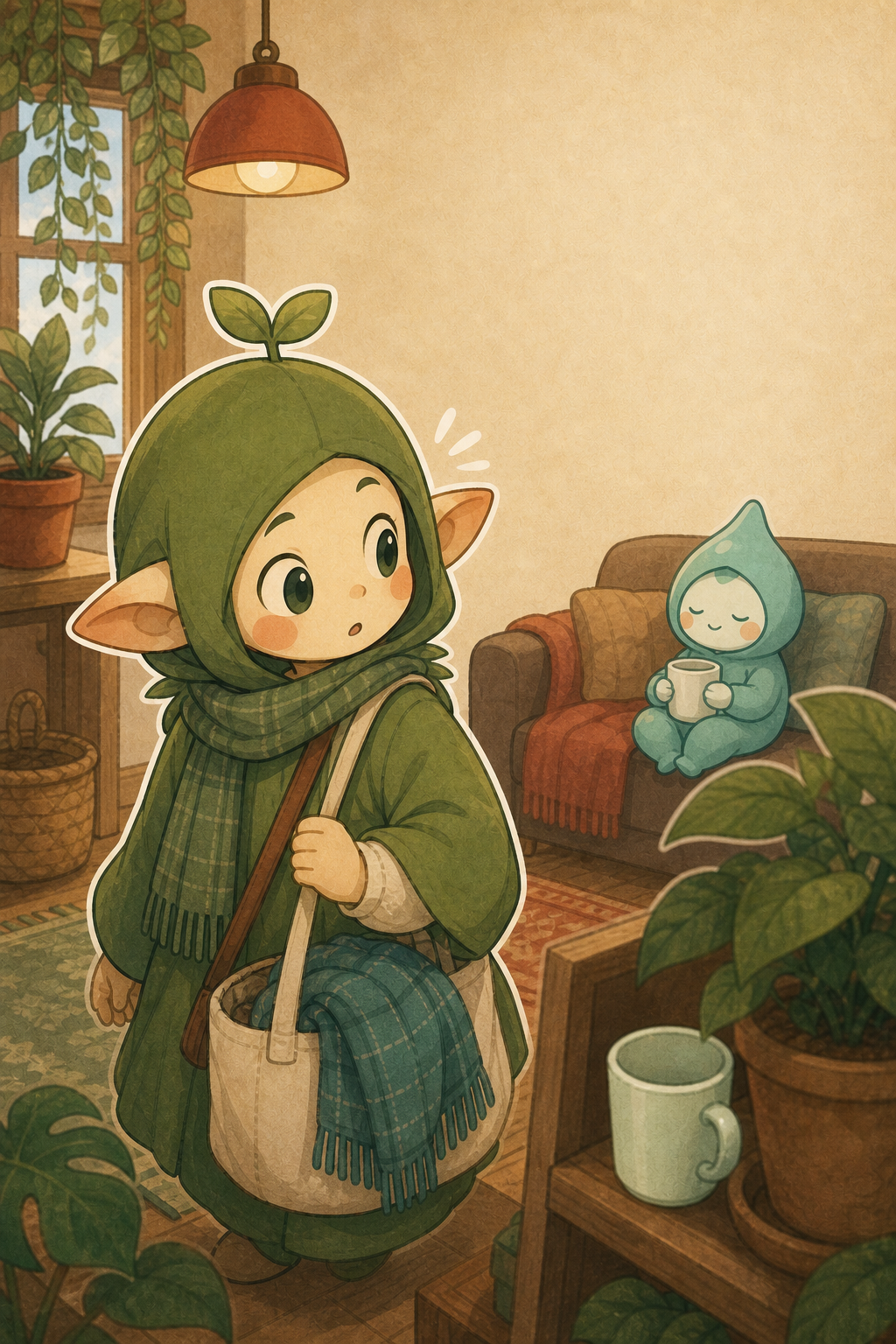 Nour moves through a busy room while a plain cup sits nearby but unnoticed.