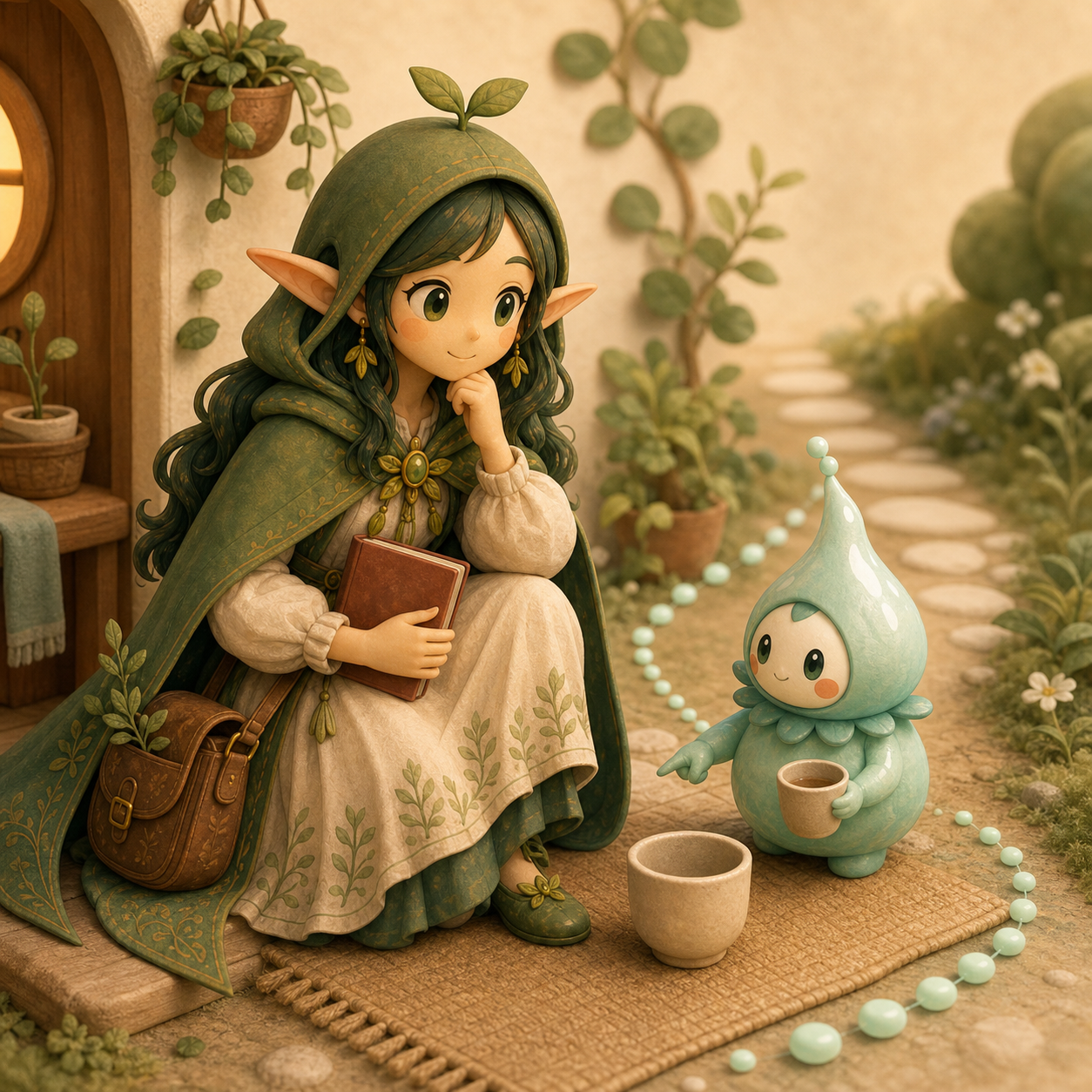 Mira points to a gentle routine path with a plain cup and Nour relaxes.
