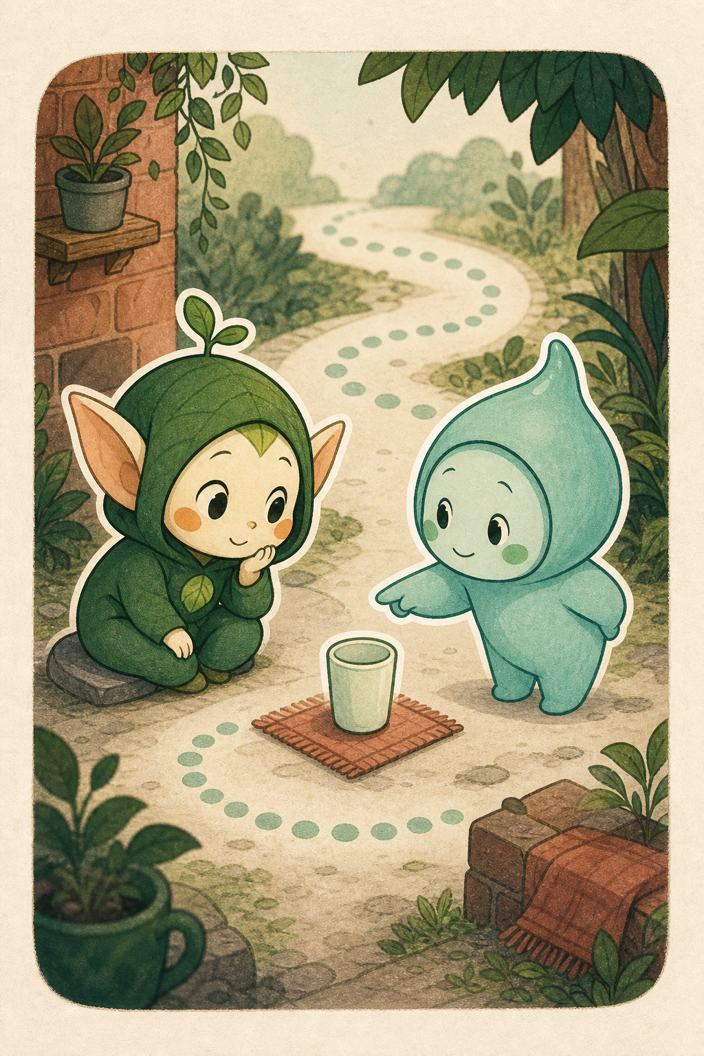 Mira points to a gentle routine path with a plain cup and Nour relaxes.