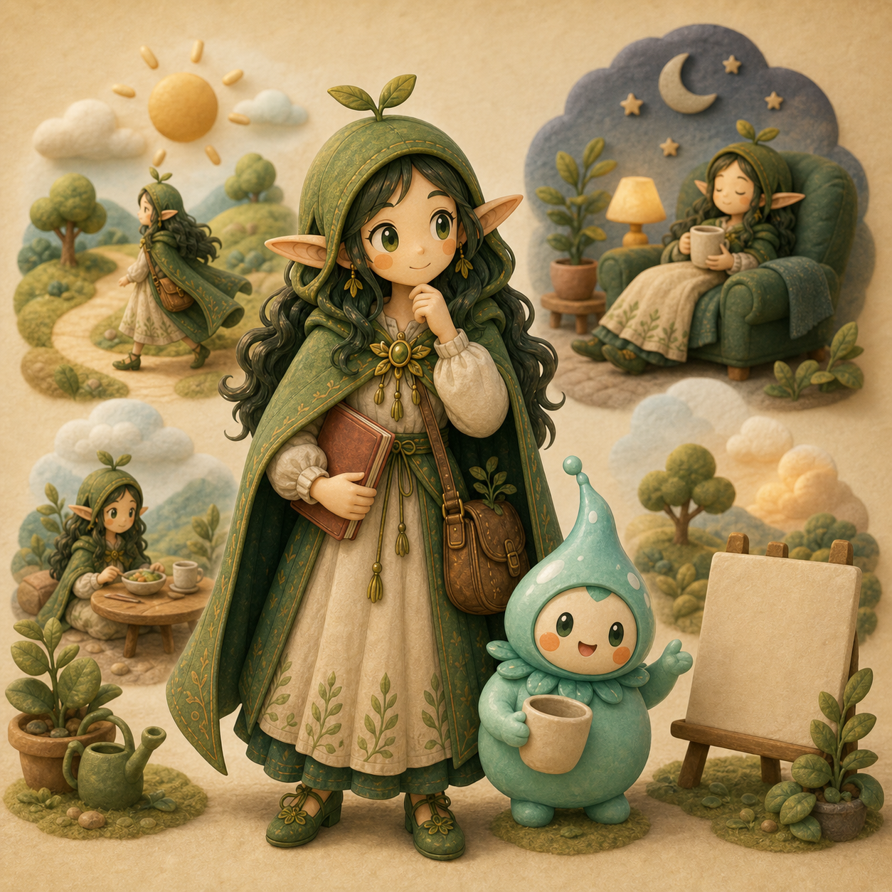 Nour and Mira stand beside varied weather and activity symbols with a blank support card.