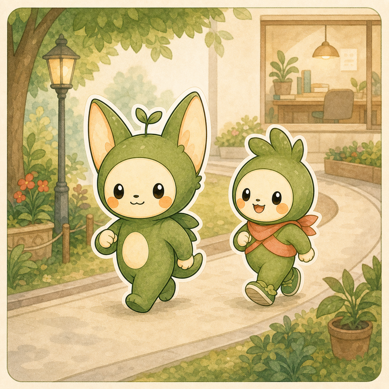 Nour and Kibo take a relaxed movement loop after lunch.