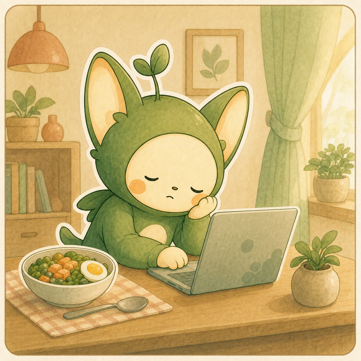 Nour at a desk after lunch with a plate nearby, looking sleepy before work resumes.