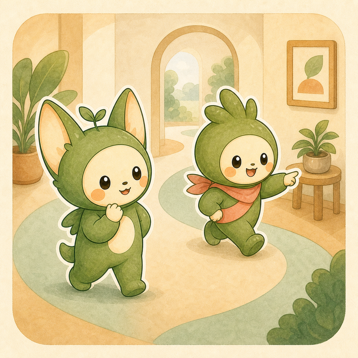 Kibo points toward a calm hallway loop while Nour looks relieved.