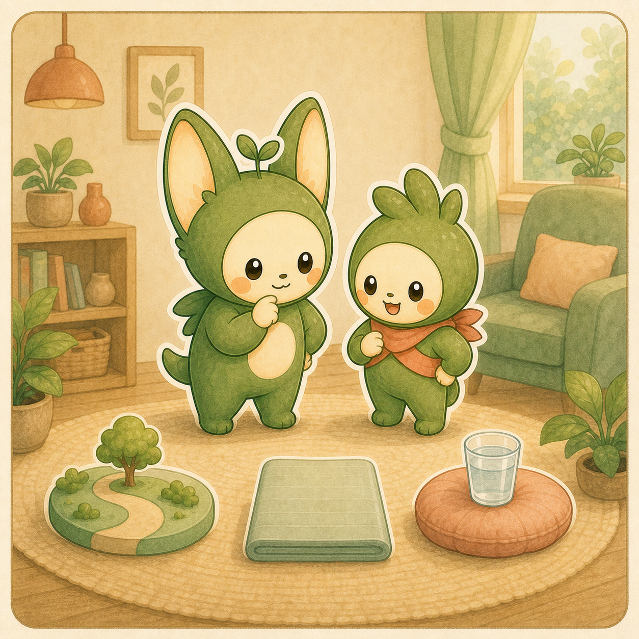 Nour and Kibo compare a walk, a seated stretch, and a rest option calmly.