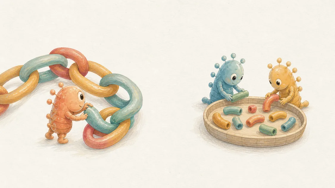 A light diptych shows a connected colorful chain on the left and shorter separated pieces with small organizing creatures on the right.