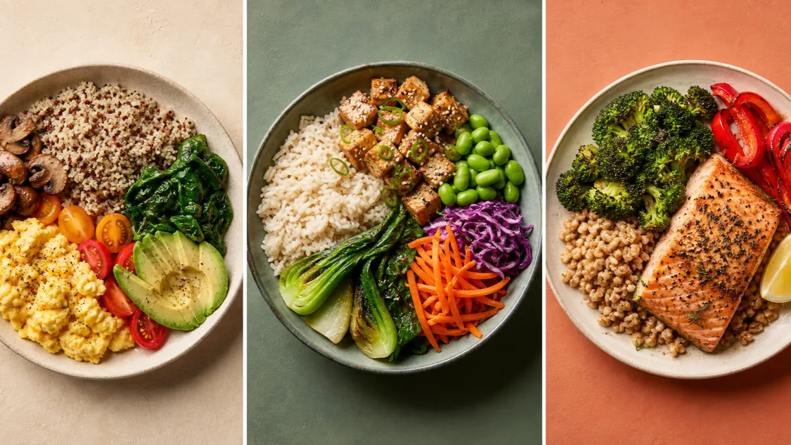 Three ordinary mixed meals shown side by side, each with different grains, protein sources, vegetables, and cooking fats.