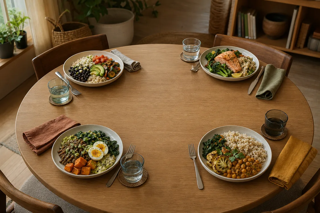 Four different ordinary mixed meals sit equally around a round table with no trophy or ranking in the center.