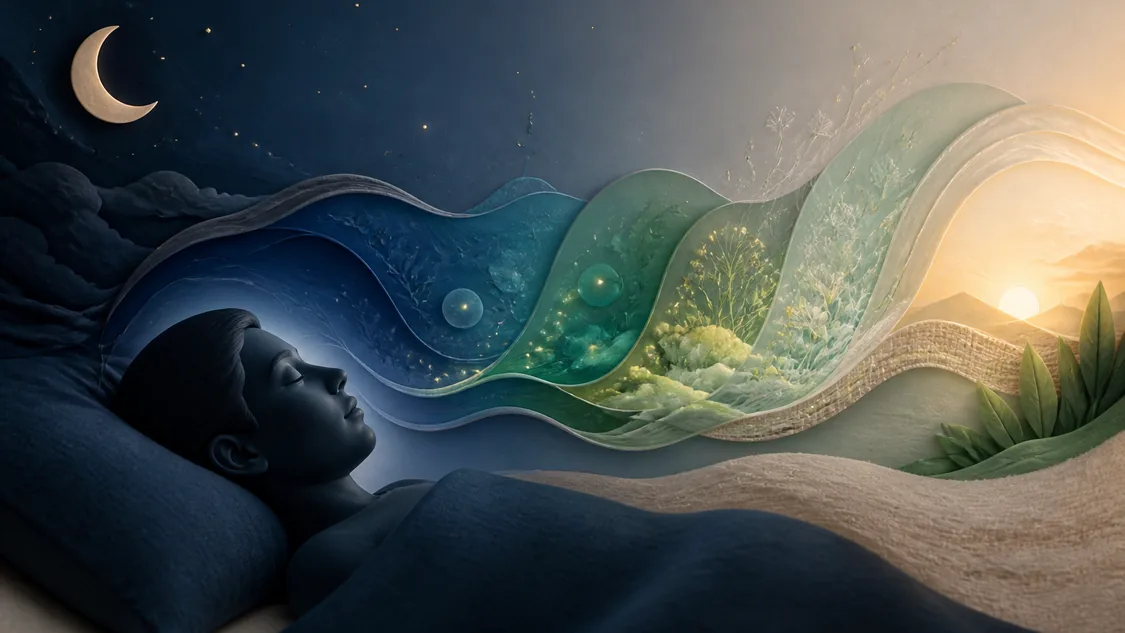 A sleeping person rests under dark blue bedding while layered waves shift from moonlit navy through green to a warm sunrise, representing changing states across the night.