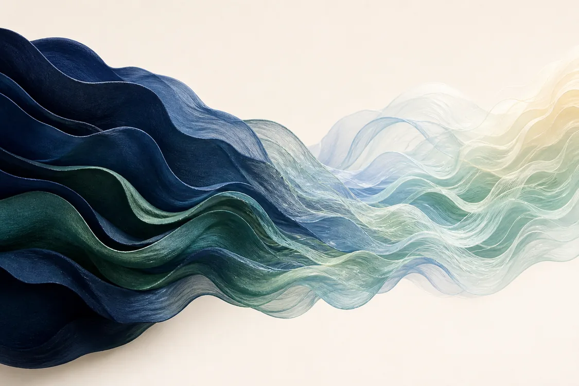 Layered dark blue and green waves gradually become lighter and more translucent from left to right, without labels or countable stages.