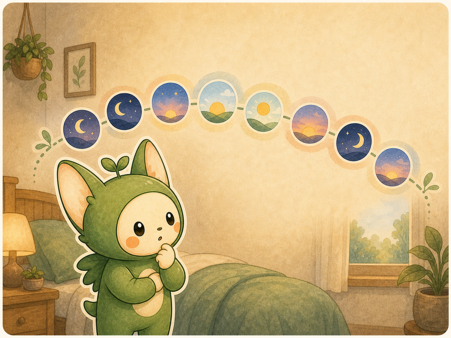 Nour looks at an abstract arc of moon and sun shapes beside a bed.