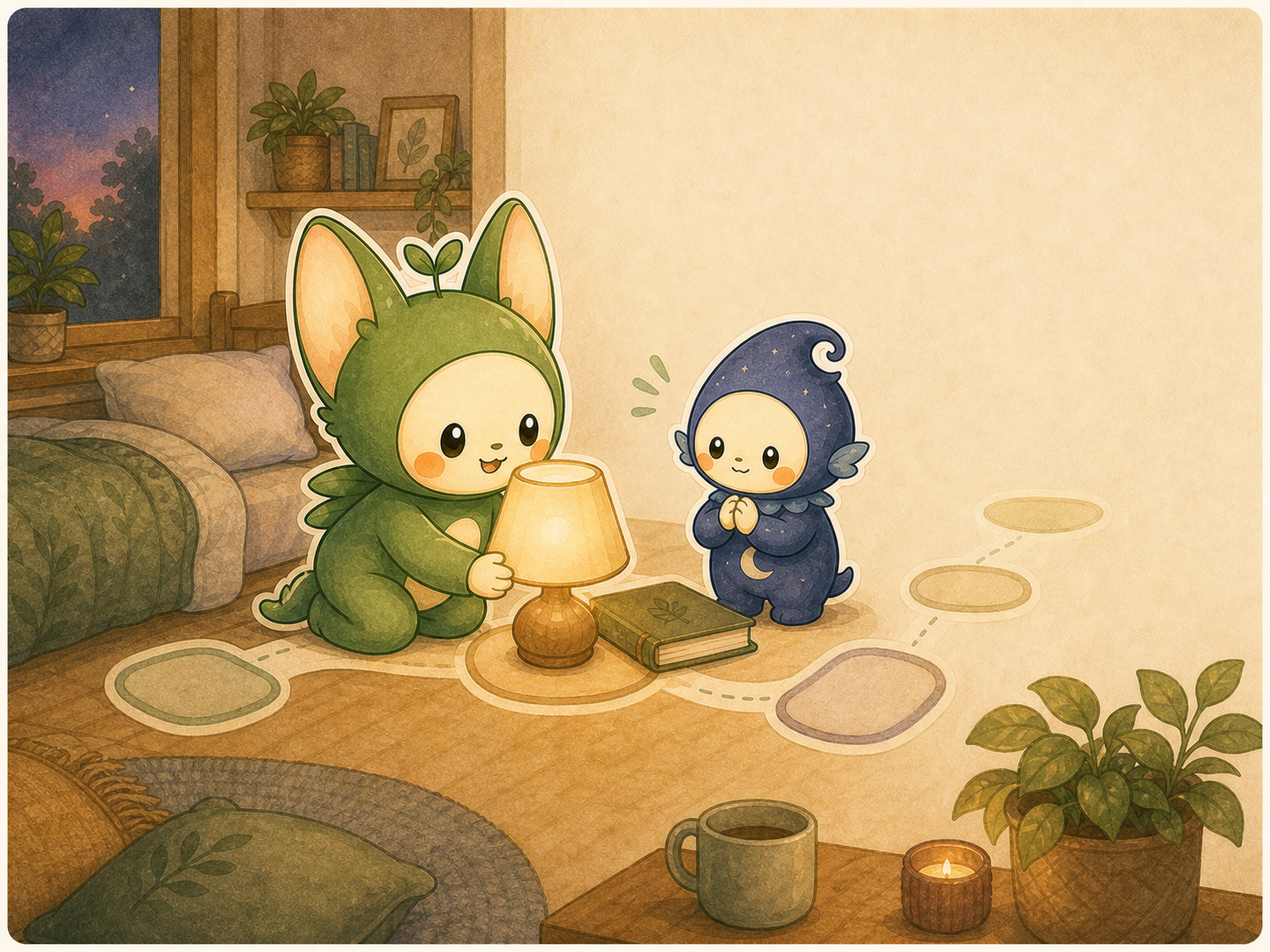 Luma sits with Nour near a soft repeating path in a bedroom, with no labels or numbers.
