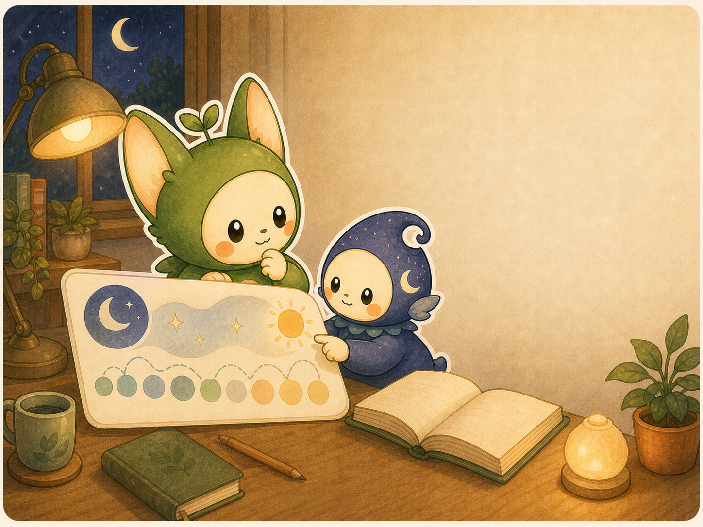 Nour and Luma look at an abstract moon, sun, and calendar evidence card with no readable text.