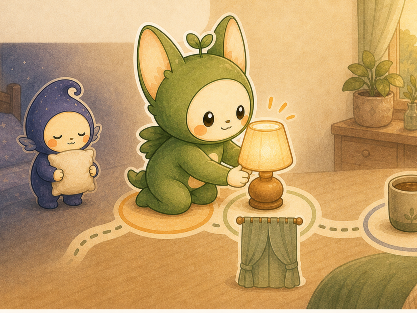 Nour turns on a lamp as Luma rests nearby, showing a calm evening-to-morning routine without labels.