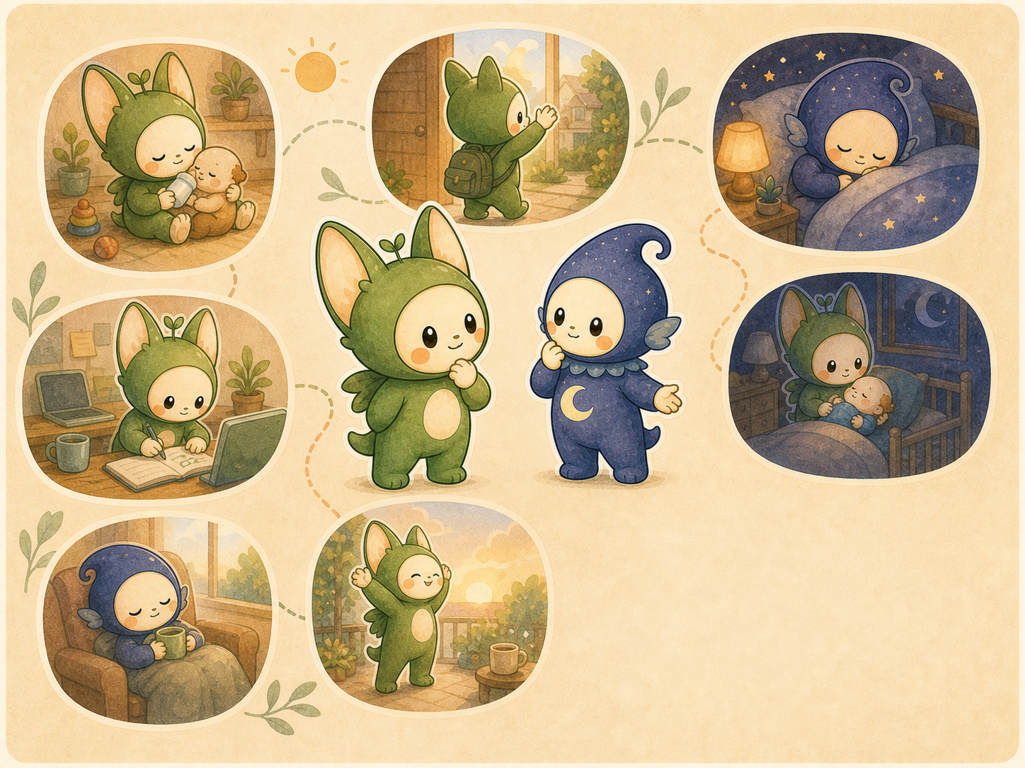 Nour and Luma stand beside varied life routine vignettes with no text, numbers, or medical symbols.