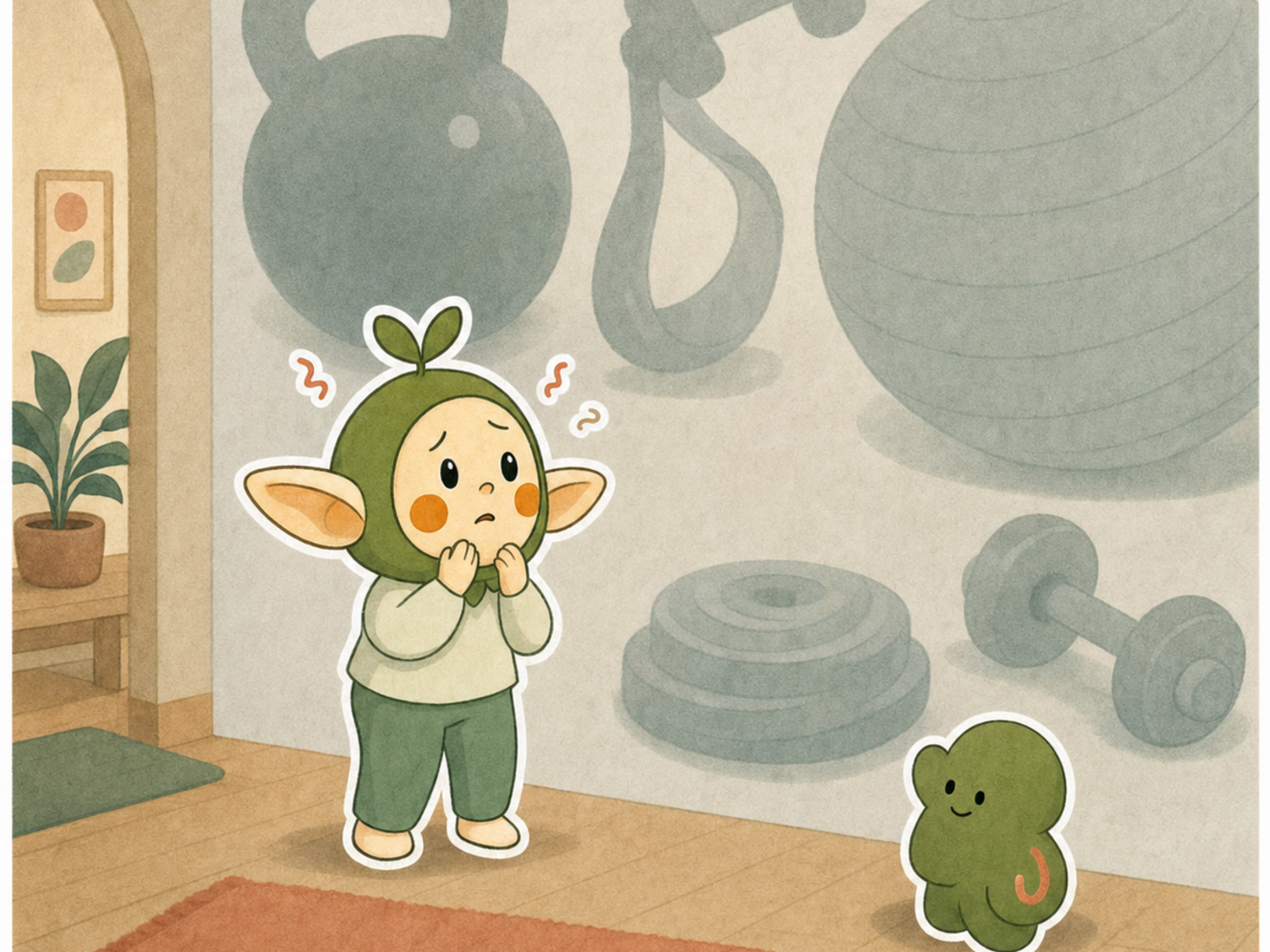 Nour looks overwhelmed beside soft abstract gym equipment shapes, with no readable text or numbers.