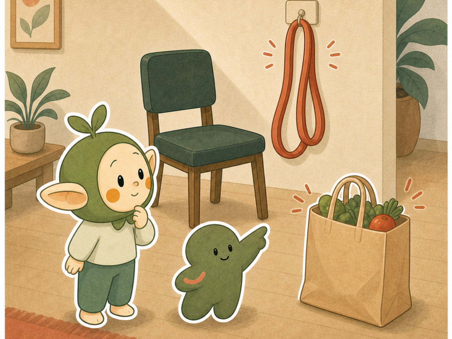 Kibo points Nour toward a chair, wall, band, and grocery bag as ordinary movement cues, with no labels.