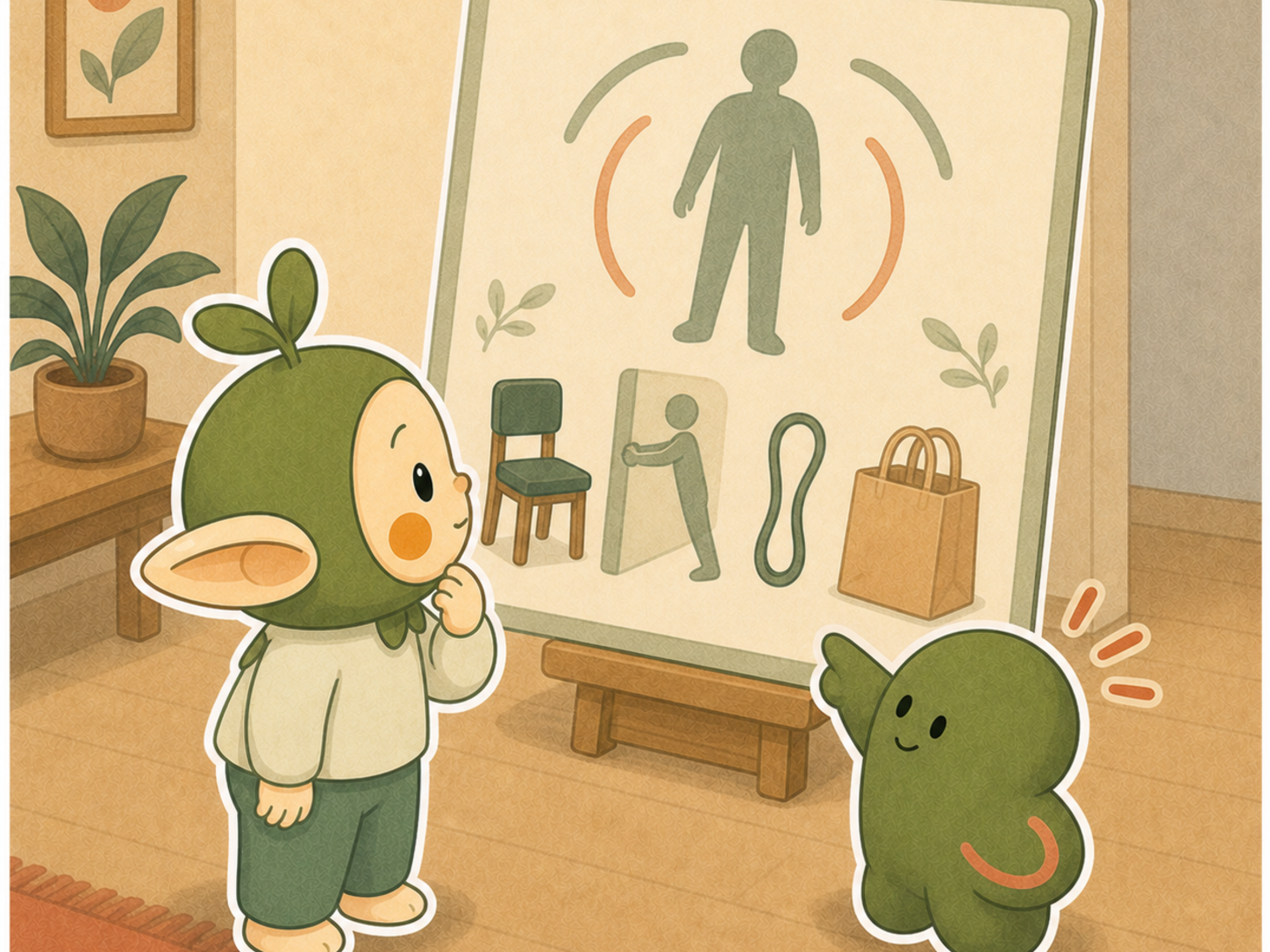 Nour and Kibo look at a blank evidence board with body and movement shapes, no text or numbers.