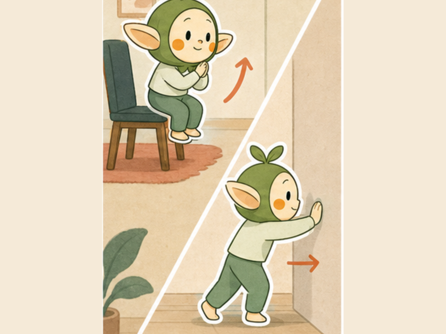 Nour practices a gentle sit-to-stand and an easy wall push in two calm scene panels.
