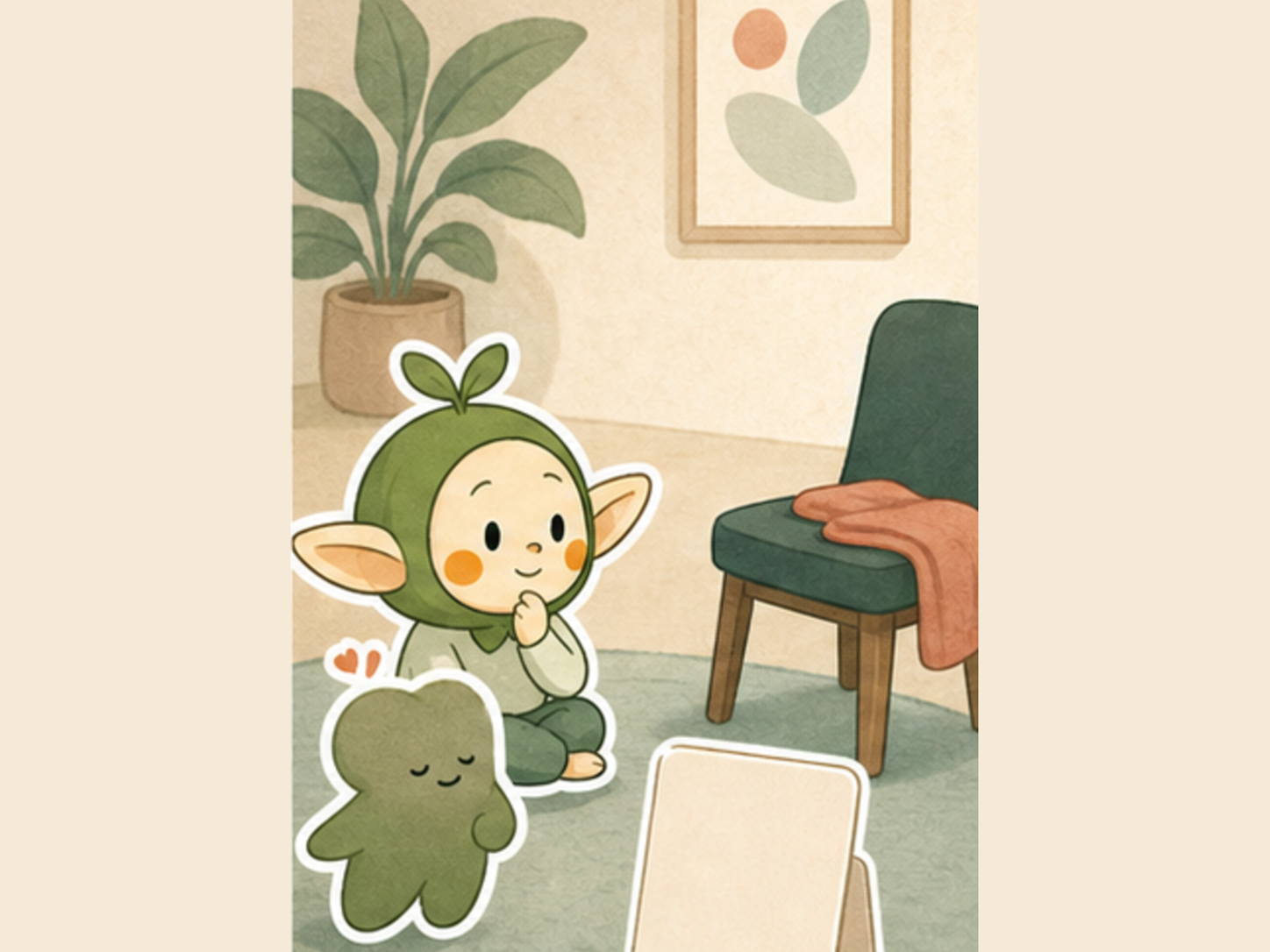 Nour and Kibo pause calmly near a chair and blank support card, no medical symbols.
