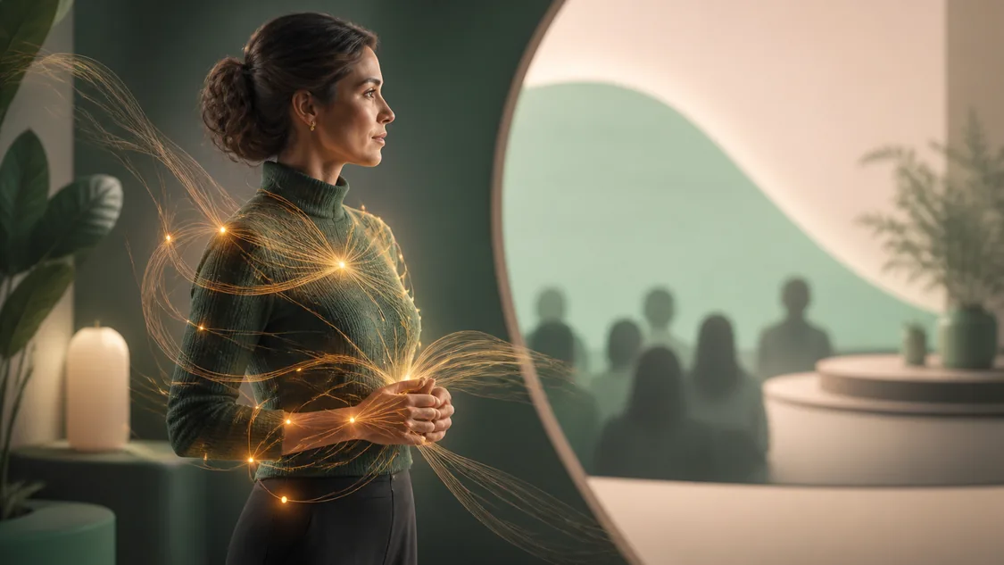 A woman faces an audience before speaking while warm amber threads gather around her body, representing mobilization rather than a score of strength.