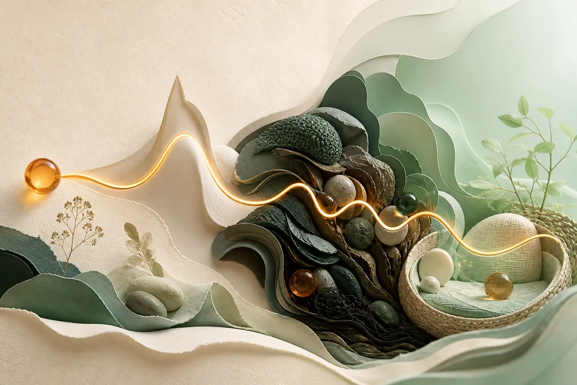 A glowing amber line rises from a bead, crosses a dense dark cluster and continues into an open pale green resting space, representing challenge, continuing load and recovery.