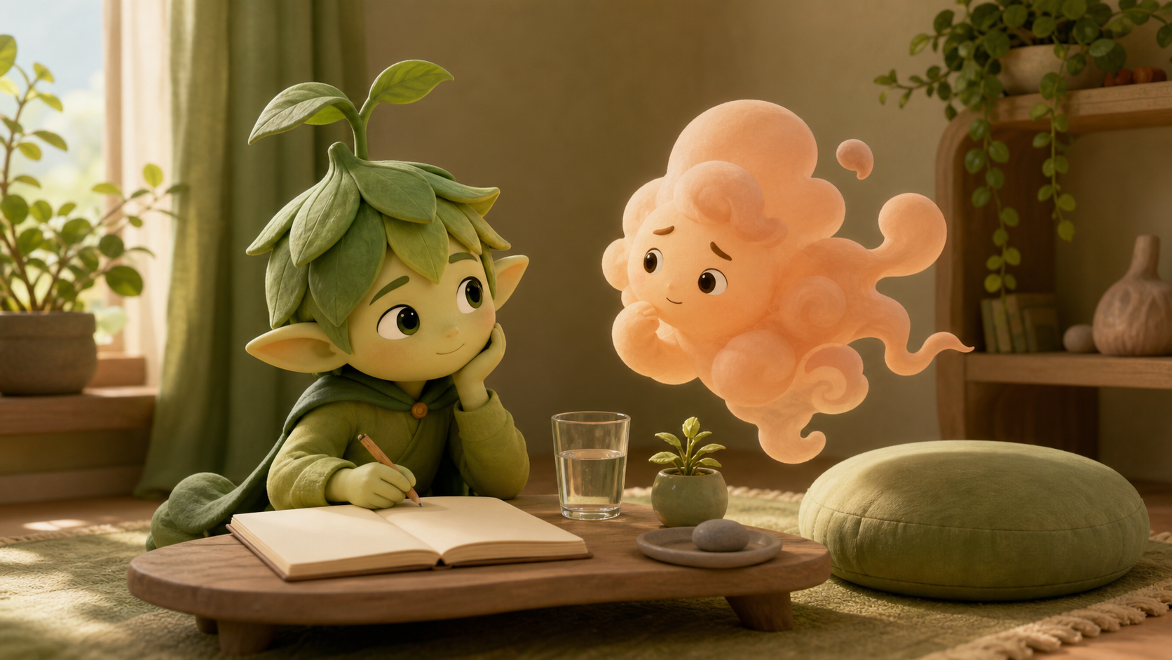 Nour and Sumi sit in a calm plant room beside a blank notebook, water, and a soft cushion.