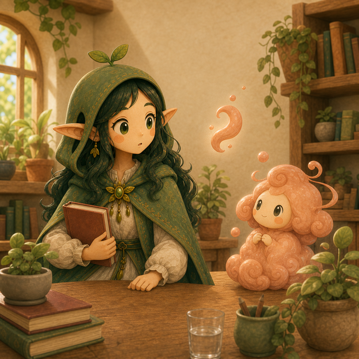 Nour and Sumi notice a soft abstract stress cue in a calm room, with no text.