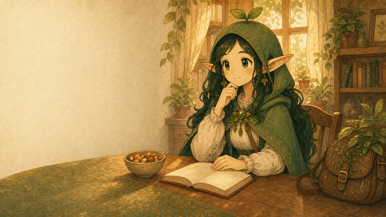 Sumi makes room for a calm pause while Nour softens near an abstract snack cue.