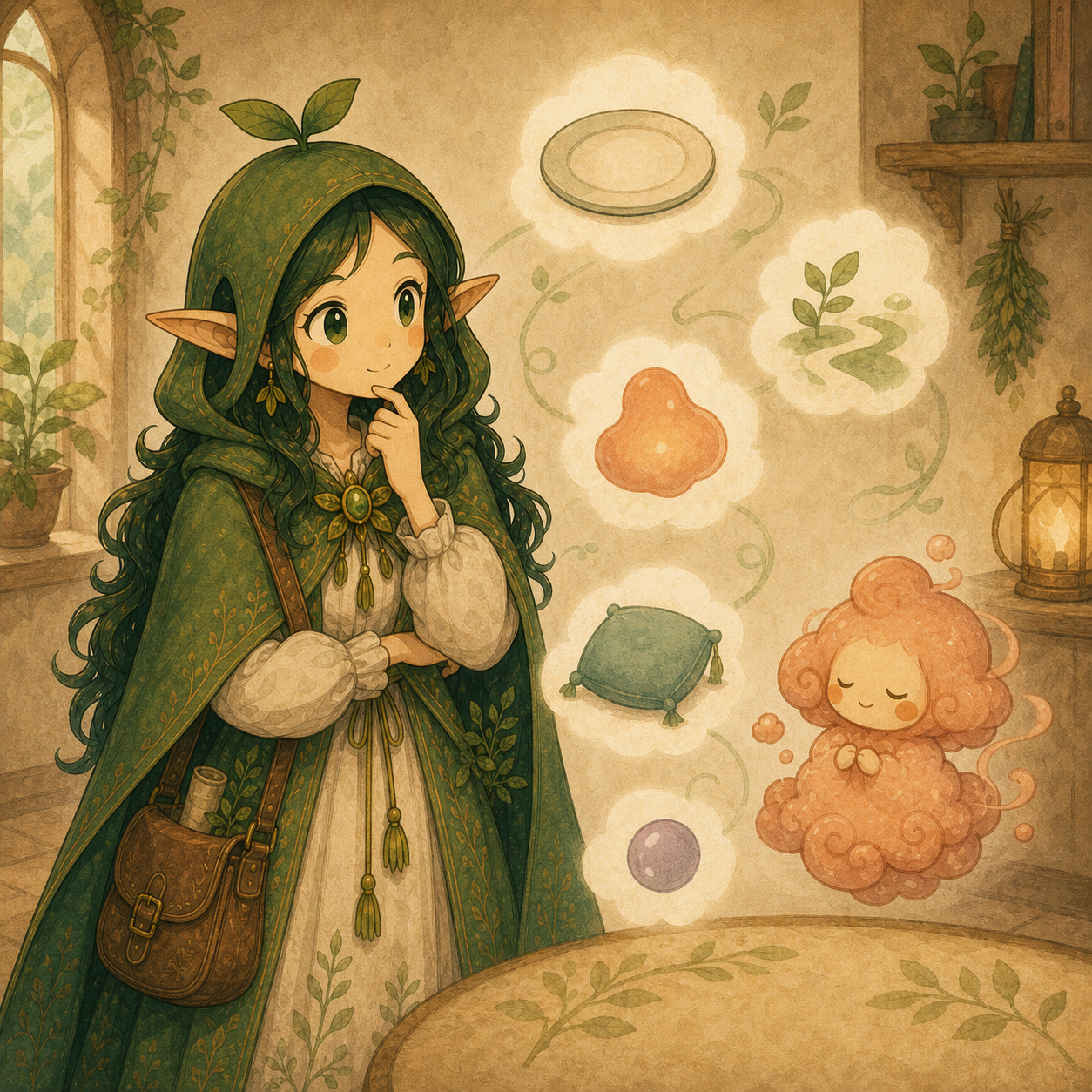 Nour considers several unlabeled soft icons while Sumi stays beside them.